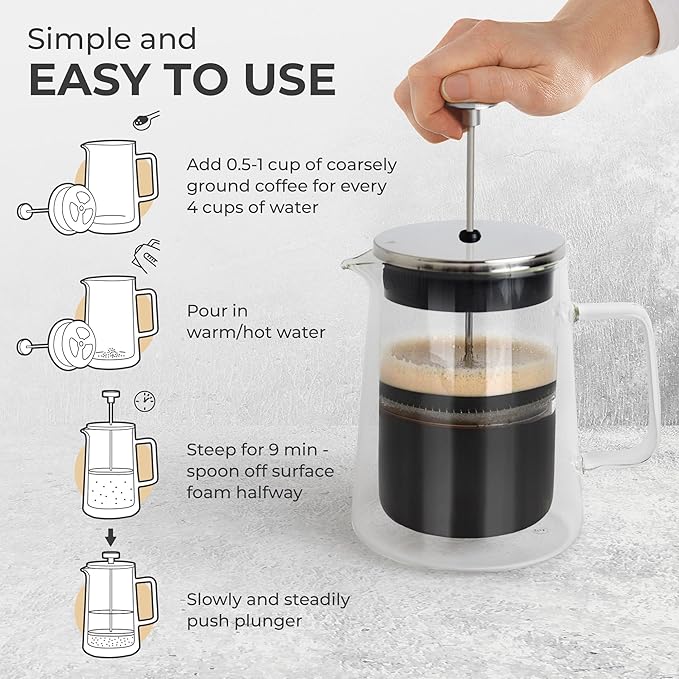 Kaffe Glass French Press Coffee Maker (27oz / 0.8L) - Double-Wall Insulated Borosilicate Glass