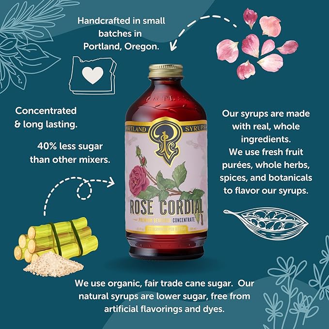 Portland Syrups Rose Cordial Syrup - Craft Exquisite Floral beverages for Cocktails, Mocktails