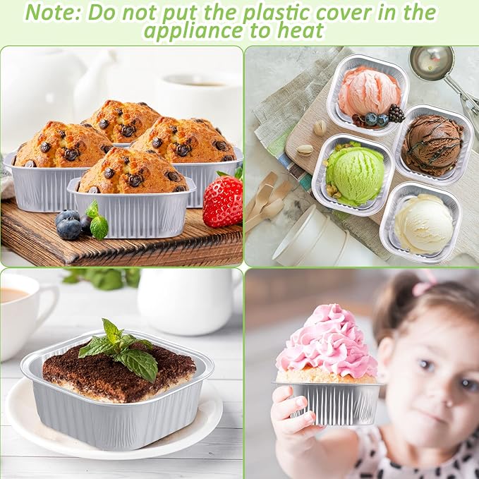 Aoriher 300 Pieces 10 oz Mini Cake Pans with Lids, Aluminum Foil Baking Cups, Square Disposable