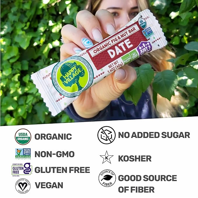 Happy Village Organic Fig & Nut Bars, DATE | Only 3 Ingredients, Gluten Free, No Added Sugar