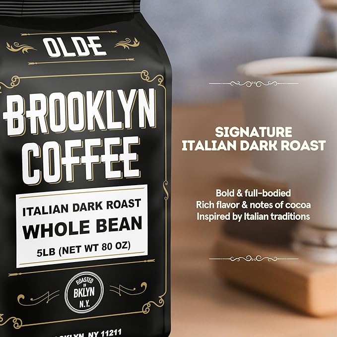 BROOKLYN COFFEE Whole Bean, Italian Dark Roast (5lb) Extra Strong, Delicious Taste, Heavenly Aroma