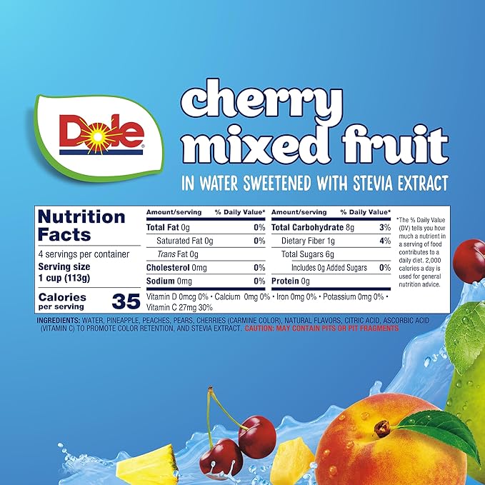 Dole Fruit Bowls No Sugar Added Snacks, Cherry Mixed Fruit 4oz 24 Cups, Gluten & Dairy Free, Bulk