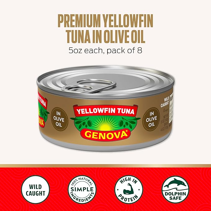 Genova Premium Yellowfin Tuna in Olive Oil, 5 Ounce Cans, 8-Pack – Nutrient Rich, High Protein
