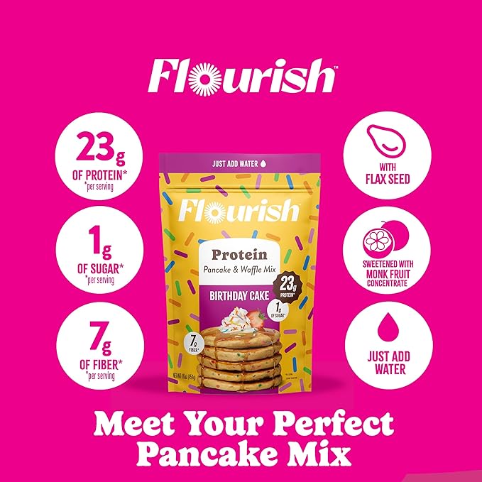 Flourish Protein Pancake & Waffle Mix, with Whey Protein & Flax Seed, No Added Sugar, High in