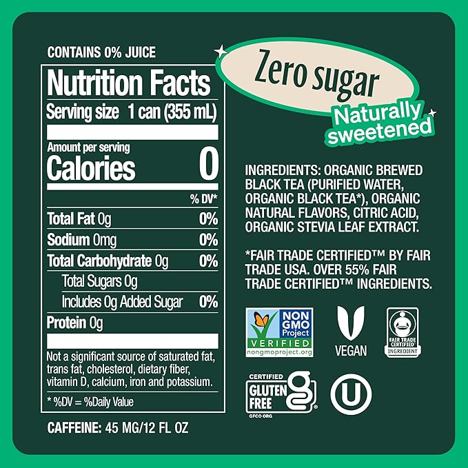 Zevia Zero Sugar Tea, Black Tea with Peach, 12 oz Cans (12-Pack) – Naturally Sweetened, Zero