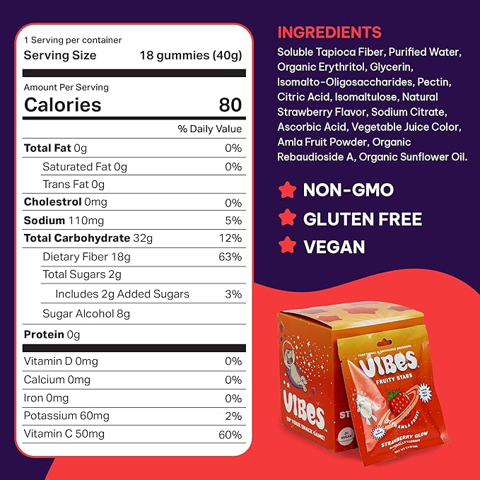VIBES Strawberry Glow Fruity Stars - Healthy Gluten-Free & Vegan Fruit Chews - Fruit Snacks for
