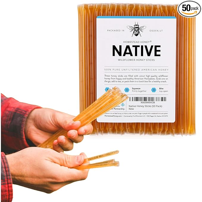 Homestead Honey Native Honey Sticks for Tea - 50-Pack Bulk Packets, Single Serve - Pure Wildflower
