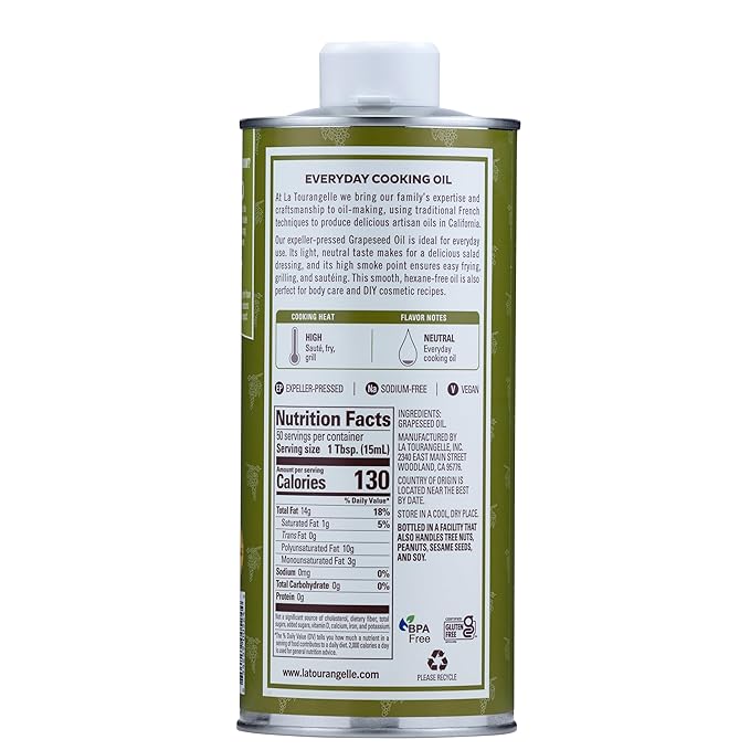 La Tourangelle, Expeller-Pressed Grapeseed Oil, High Heat Neutral Cooking Oil, Cast Iron Seasoning