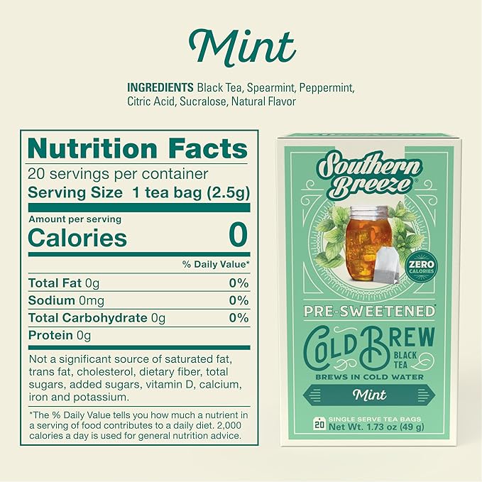 Southern Breeze Cold Brew Sweet Tea Mint Iced Tea with Black Tea and Zero Carbs Zero Sugar, 20