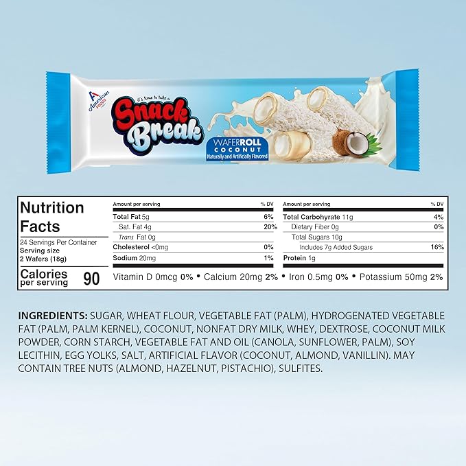 Snack Break Coconut Rolled Wafers, Individually Wrapped, Wafer Rolls with Creamy Coconut Filling