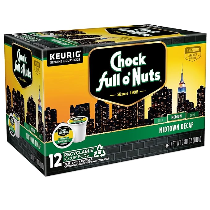 Chock full o’Nuts Midtown Decaf Keurig K-Cup Pods for Keurig Brewers – Premium Arabica, Medium