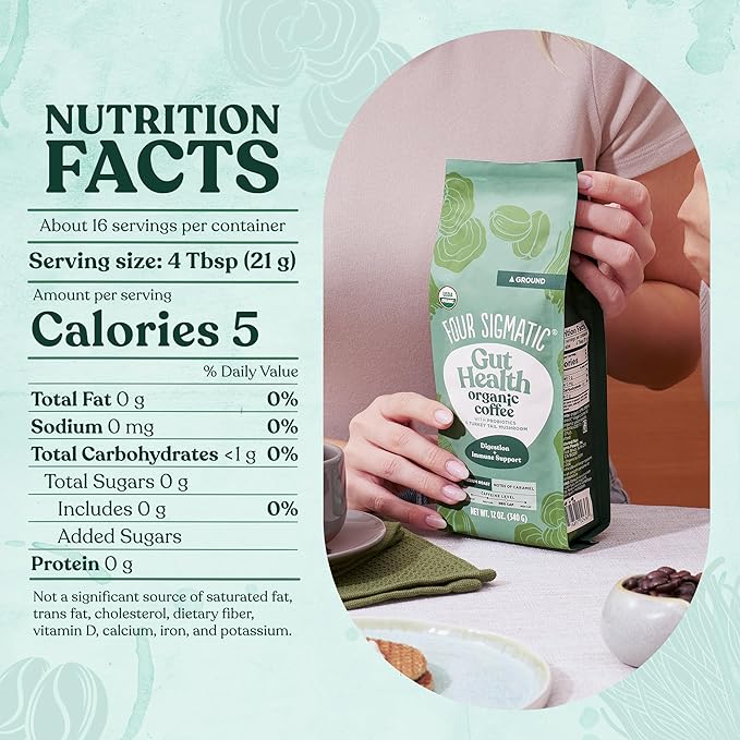 Four Sigmatic Gut Health Organic Ground Coffee | Medium Roast, Immune Boosting Probiotic Mushroom