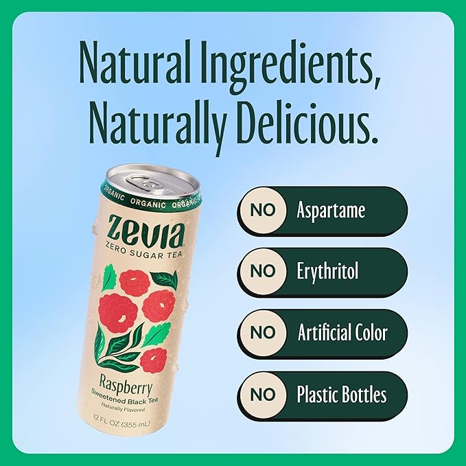 Zevia Zero Sugar Tea, Black Tea with Raspberry, 12 oz Cans (12-Pack) – Naturally Sweetened, Zero