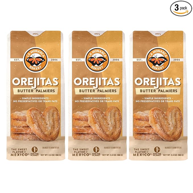 Orejitas Cookies, 3.4 Ounce (Pack of 3), Flaky and Crunchy Mexican Inspired Mini Palmiers made with