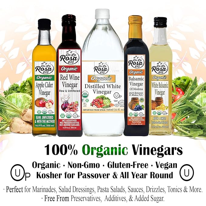 De La Rosa Organic Distilled White Vinegar, Raw & Unfiltered, Kosher for Passover, Vegan & Gluten