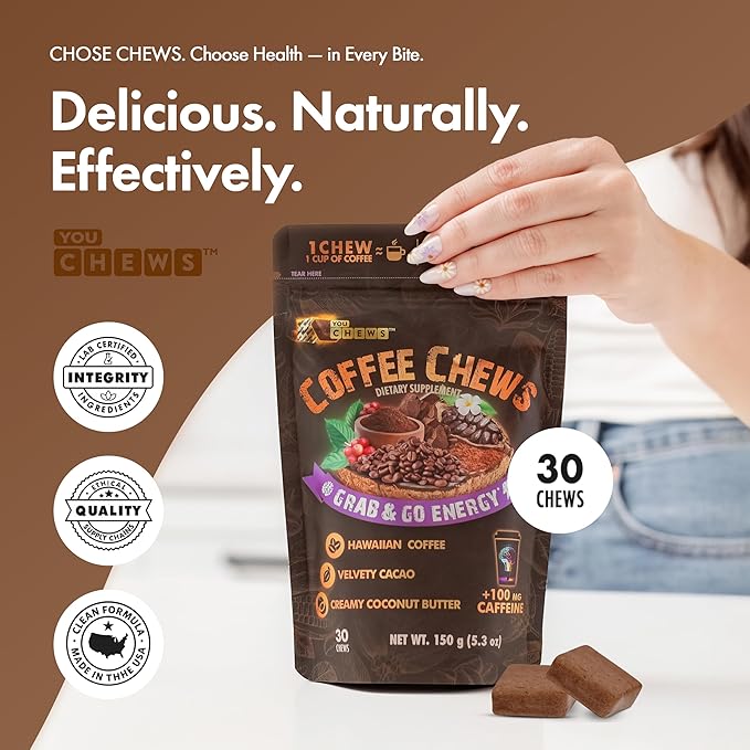 YouChews Coffee Chews - Grab & Go Energy with 100mg per Chew of Clean, Green Caffeine. With Real