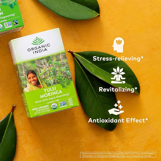 ORGANIC INDIA Tulsi Moringa Tea Bags- Holy Basil, Lemongrass, Moringa Leaves, Calming Immune