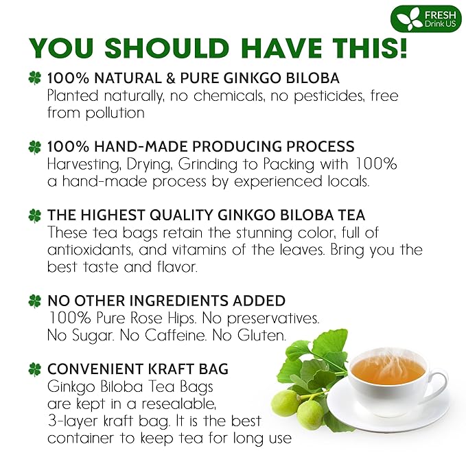FreshDrinkUS, Premium 55 Ginkgo Biloba Leaf Tea Bags, 100% Natural & Pure from Ginkgo Biloba