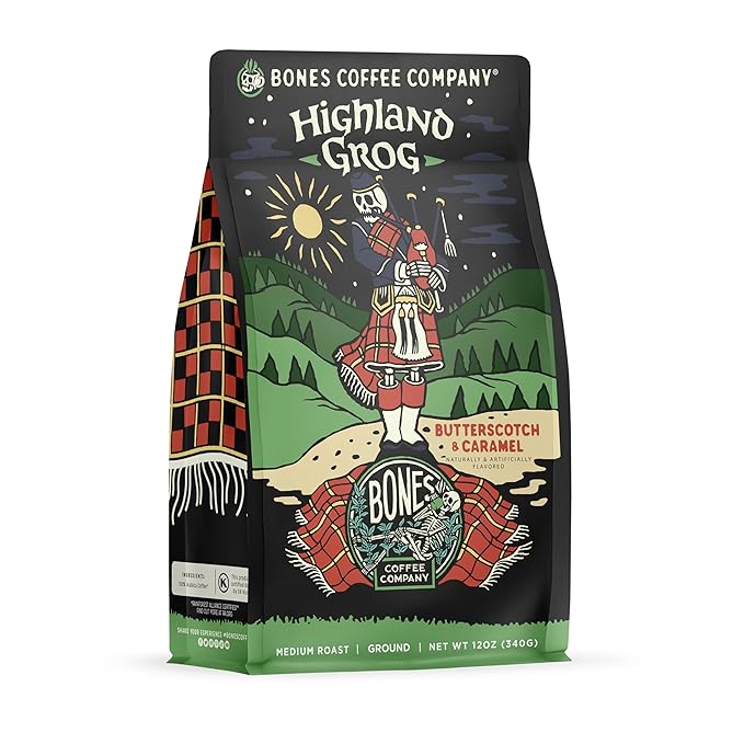 Bones Coffee Company Highland Grog, Butterscotch Caramel Flavored Coffee, Medium Roast Low Acid