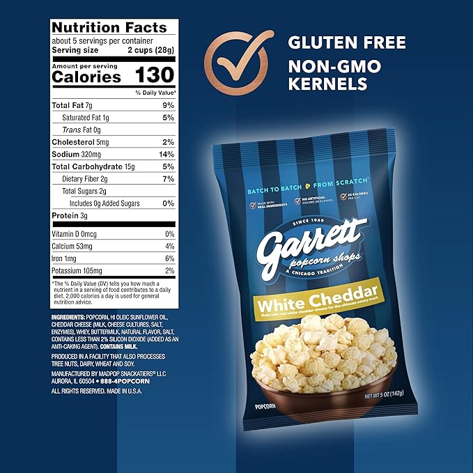 Garrett Popcorn White Cheddar, 5.0oz, 4 Bags, White Cheddar Gourmet Popcorn, Gluten Free, Savory