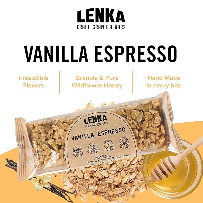 Lenka Bars - Vanilla Espresso Snack Bars, Gluten Free, High Fiber, Kosher, Wholesome, No Artificial