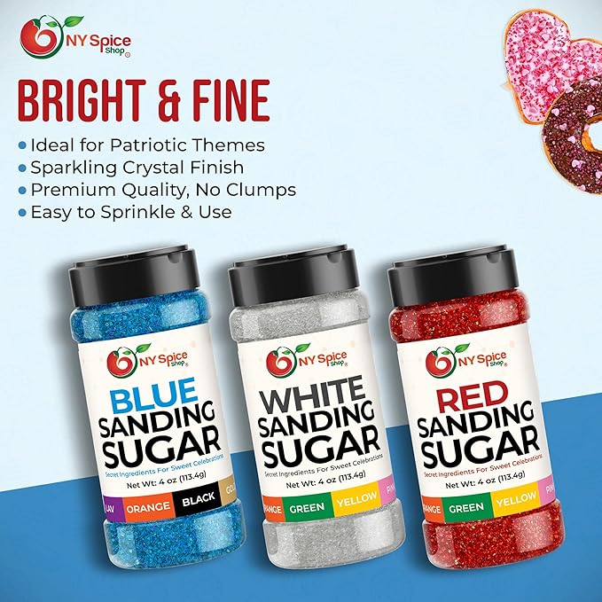 NY Spice Shop Red-White-Blue Sanding Sugar - Sweet Colorful Edible Sprinkles for Candy Dishes, Cake