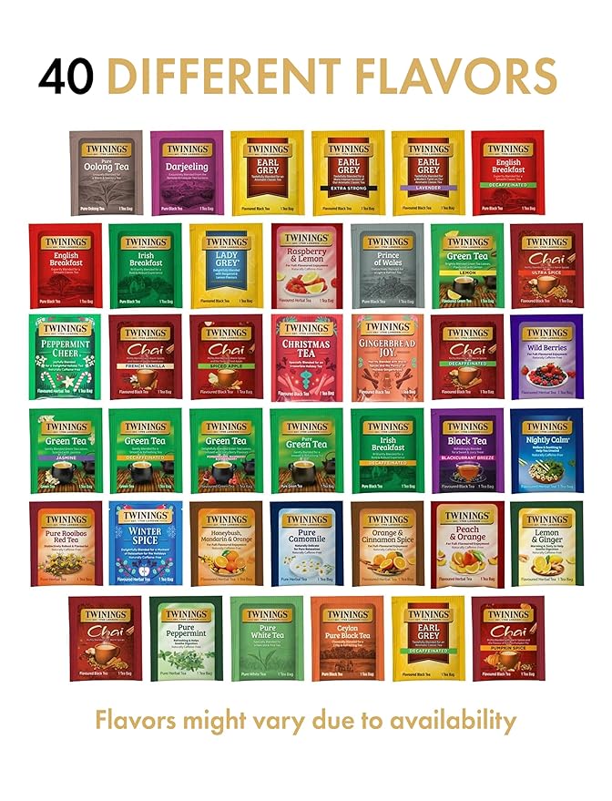 Twinings Tea Bag Sampler Assortment, Variety Pack (40 Count), 40 Unique Flavors for Tea Lovers: