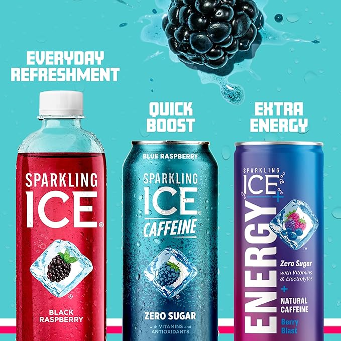 Sparkling Ice Caffeine Blue Raspberry Sparkling Water with Caffeine, Zero Sugar, with Antioxidants
