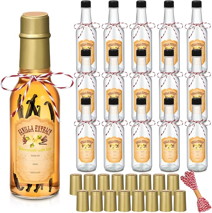 Tioncy 16 Pcs Vanilla Extract Bottles for Homemade Vanilla Jar Glass Bottle with Cap, Shrink Band