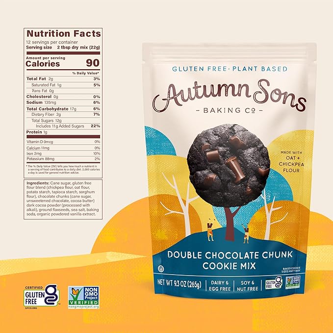 Autumn Sons Baking Co. Gluten Free Double Chocolate Chunk Cookie Mix. Vegan Plant Based Baking Mix.