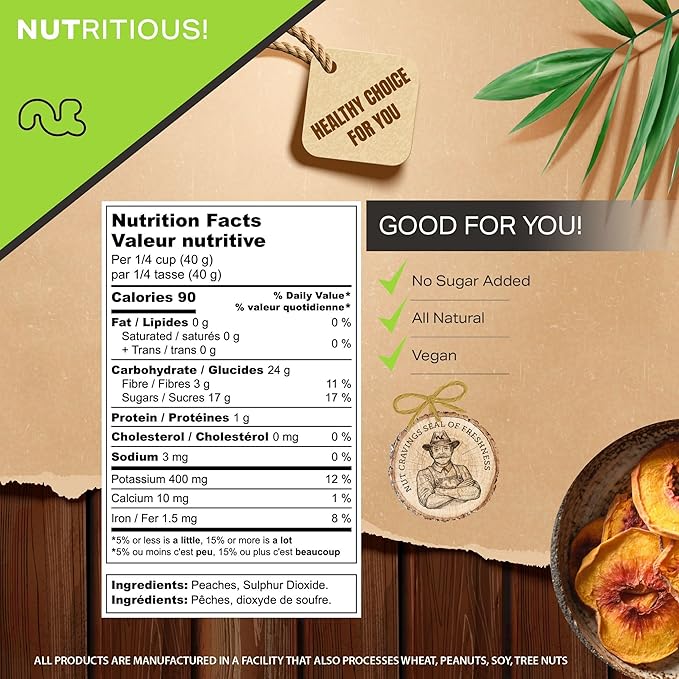 NUT CRAVINGS - Sun Dried California Peaches, No Sugar Added, Unsweetened (16oz, 1 LB) Bulk Dry