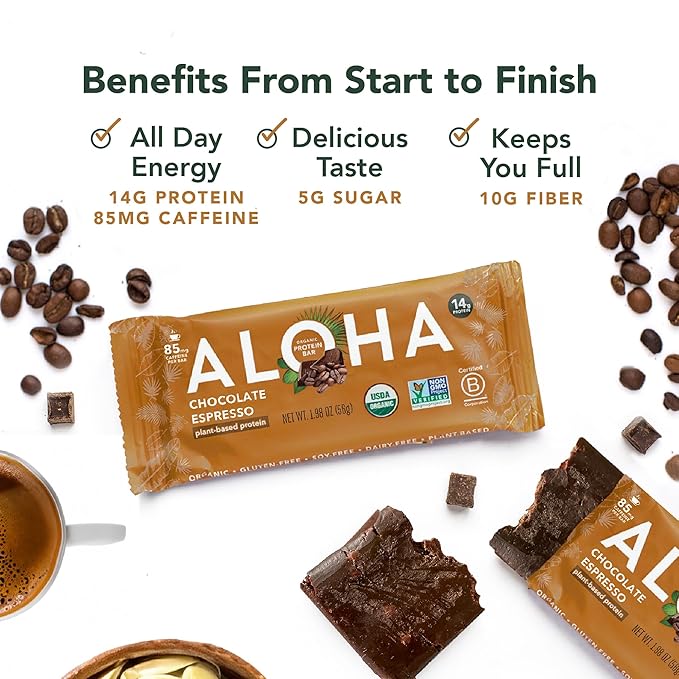 ALOHA Organic Plant Based Protein Bars - Chocolate Espresso (85mg Caffeine) - 12 Bars, Vegan, Low