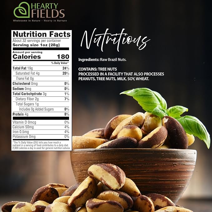 Hearty Fields - Raw Brazil Nuts Unsalted, No Shell, Whole, (32 Oz - 2 LB) Wholesome In Nature