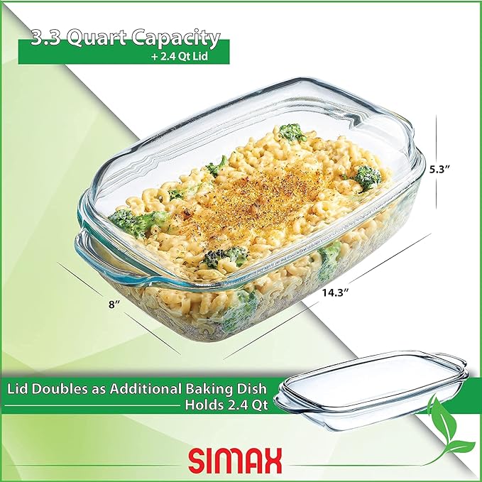 Simax Glass Casserole Baking Dish: Clear Glass Round Casserole Dish with Lid and Handles,Covered