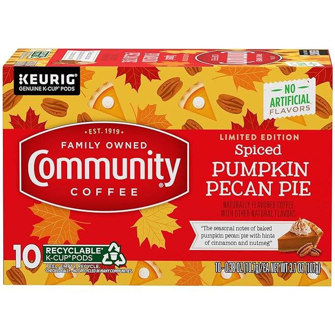Community Coffee Spiced Pumpkin Pecan Pie Flavored Coffee Pods, 10 count, Medium Roast Compatible