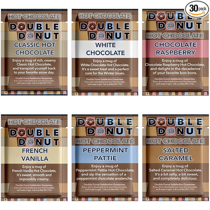 Double Donut Flavored Hot Chocolate Packets, Gourmet Hot Cocoa Mix Variety Pack 30 Count Includes