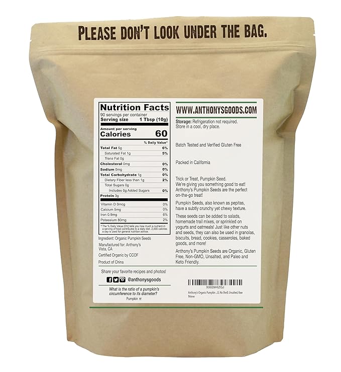Anthony's Organic Pumpkin Seeds, 2 lb, Gluten Free, Non GMO, No Shell, Unsalted, Raw