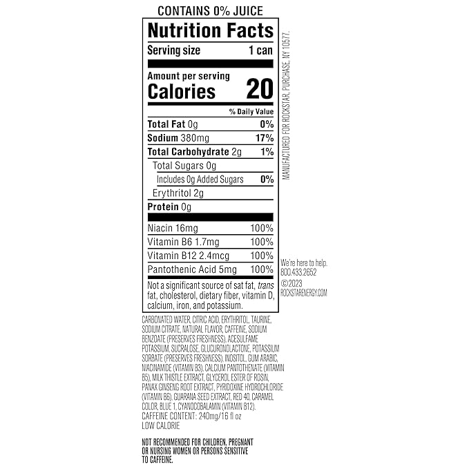 Rockstar Pure Zero Energy Drink, Fruit Punch, 0 Sugar, with Caffeine and Taurine, 16oz Cans (12