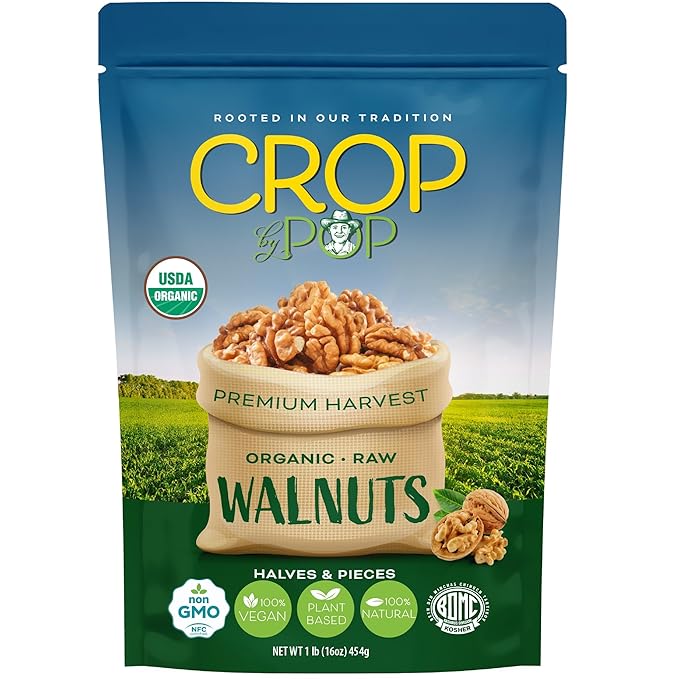 CROP BY POP - Organic Raw Walnuts Halves & Pieces (16 Oz - 1 LB) Packed Fresh in Resealable Bag