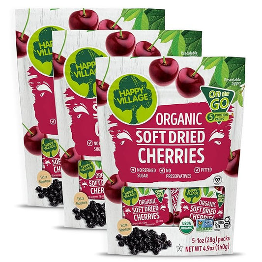 Happy Village Organic Soft Dried Cherries On the Go – 3 Bags (15 Individual Portion Packs) |