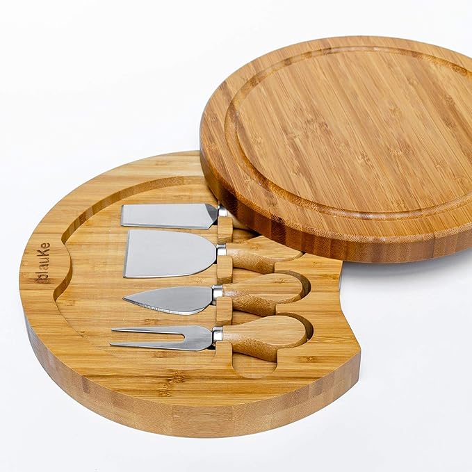 BlauKe Bamboo Cheese Board and Knife Set - 10 inch Round Charcuterie Board, Serving Tray, Platter