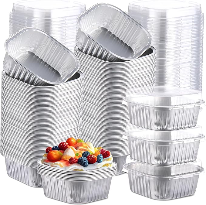 Aoriher 300 Pieces 10 oz Mini Cake Pans with Lids, Aluminum Foil Baking Cups, Square Disposable
