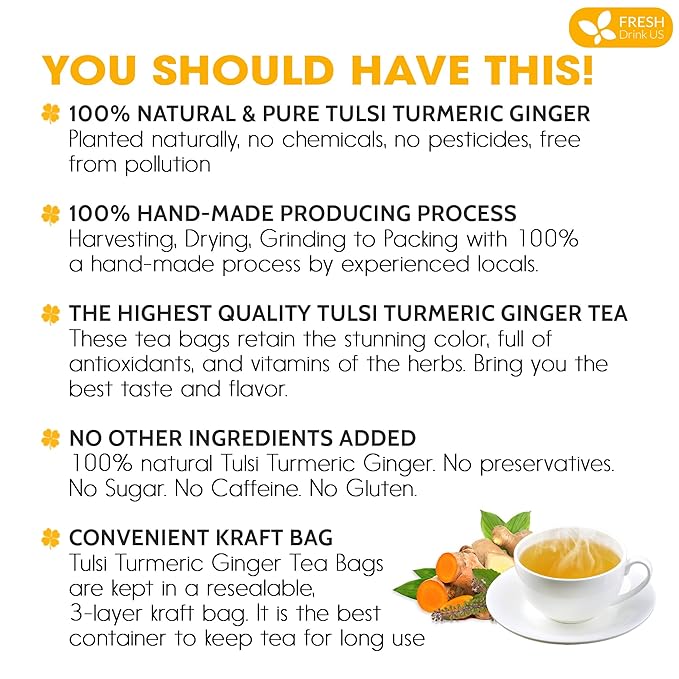 FreshDrinkUS, Premium 135 Tulsi Turmeric Ginger Tea Bags, 100% Natural & Pure from Tulsi Holy Basil