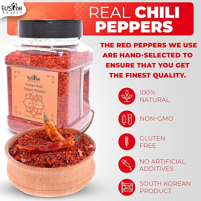 Fusion Select Korean Non-GMO Red Chili Pepper Flakes Powder, Gluten Free, Premium Gochugaru for