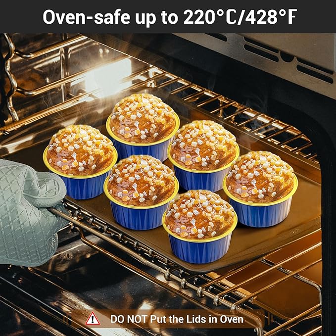 EUSOAR Aluminum Foil Baking Cups with Lids, Royal Blue 100pcs 5oz Creme Brulee Ramekins Disposable