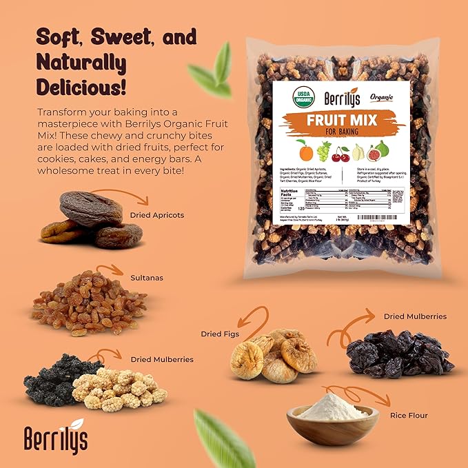 Berrilys Dried Fruit Mix, 2 Lbs, Organic, Diced Figs, Diced Apricots, White Mulberries, Sultanas