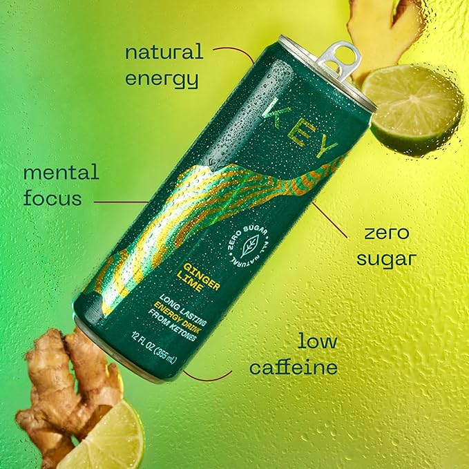 KEY Ketone Energy Drink : Sugar Free, 80mg Low Caffeine, All Natural, 11.5g Ketones, Long Lasting