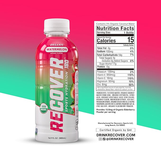 RECOVER 180 Organic Sports Hydration Drink, No Sugar Added, 20 Calorie Sports Beverage, Organic