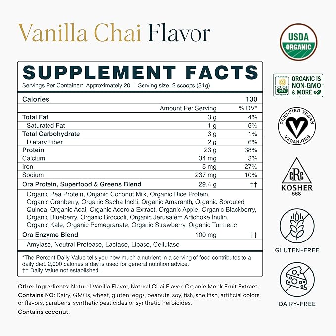 Ora Organic Vegan Protein Powder - 23g Plant-Based Protein Powder for Women and Men | Clean Protein