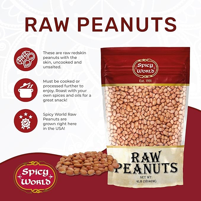 Spicy World Peanuts, Raw Whole With Skin (Uncooked, Unsalted) 4 Pound (64oz) ~ All Natural - USA